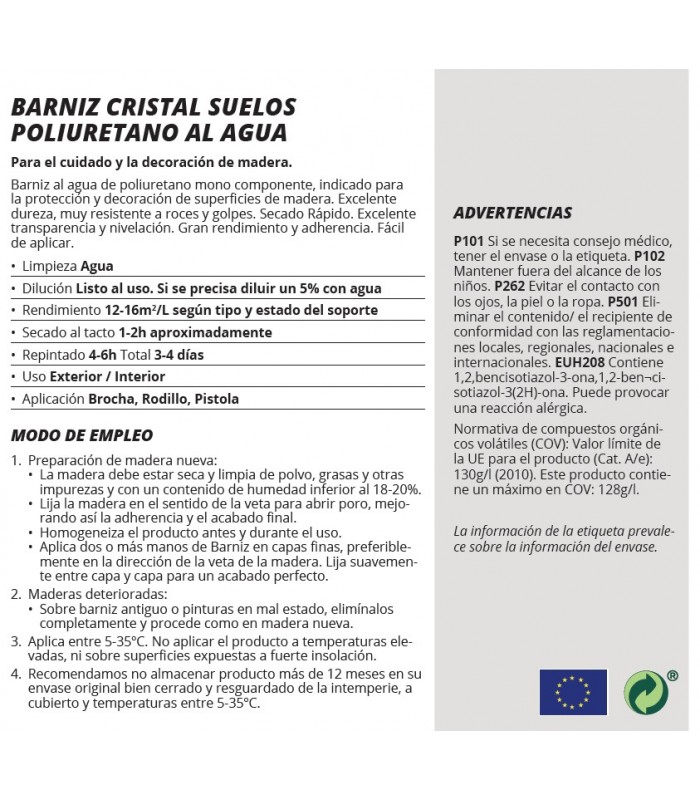 Barniz Cristal Suelos Poliuretano al Agua .  Barnices - Litros: