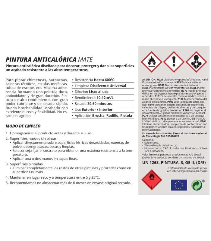 Pintura Anticalórica alta Temperatura negro, aluminio.  Pintura